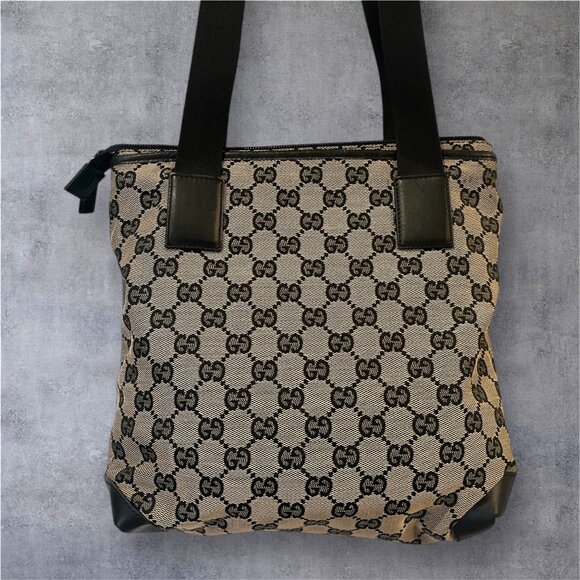 Gucci GG Canvas and Black Leather Tote Bag - Picture 2 of 10
